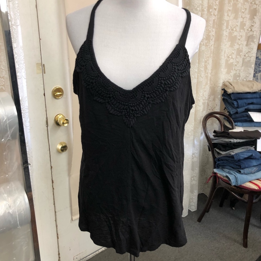 Black tank top with embroidered trim